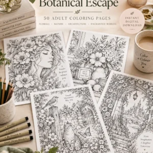 Adult Coloring Book - Mockup1 Botanical Escape – 50 Adult Coloring Pages