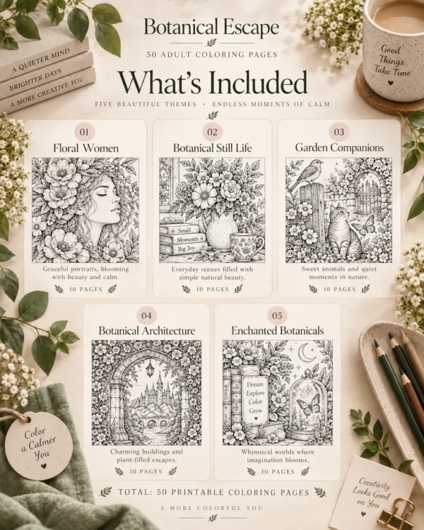 Botanical Escape – 50 Adult Coloring Pages