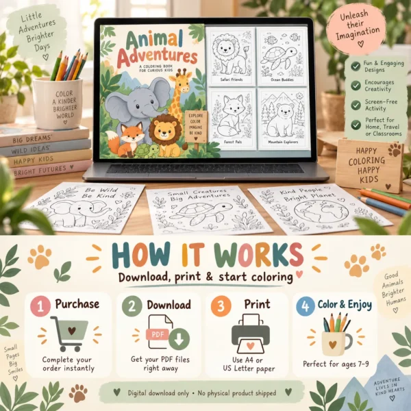Animal_Adventures_Mockup6 Animal Adventures Coloring Book for Kids Ages 7–9 | 30 Printable Pages