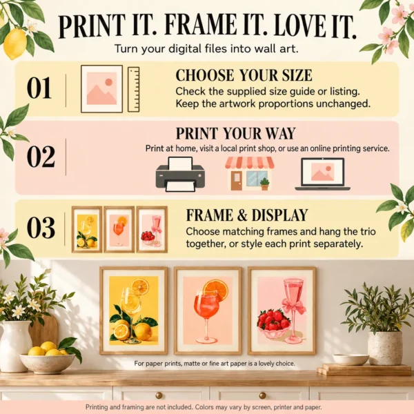 Kitchen Wall Art Set of 3 – Lemon, Orange & Strawberry Drink Prints