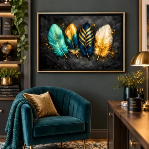 Dark Teal & Gold Feather Wall Art - Luxury Digital Download