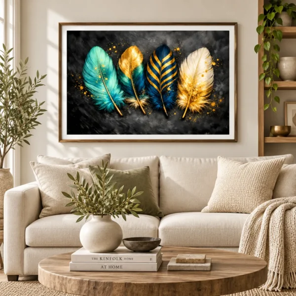 Dark Teal & Gold Feather Wall Art - Luxury Digital Download