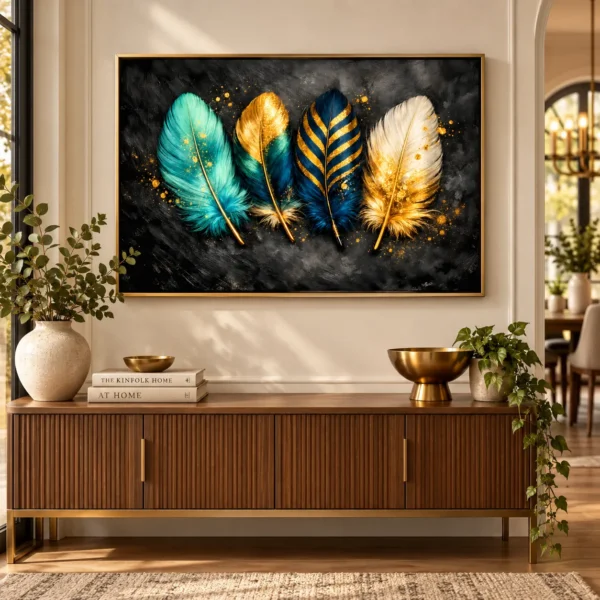 Dark Teal & Gold Feather Wall Art - Luxury Digital Download