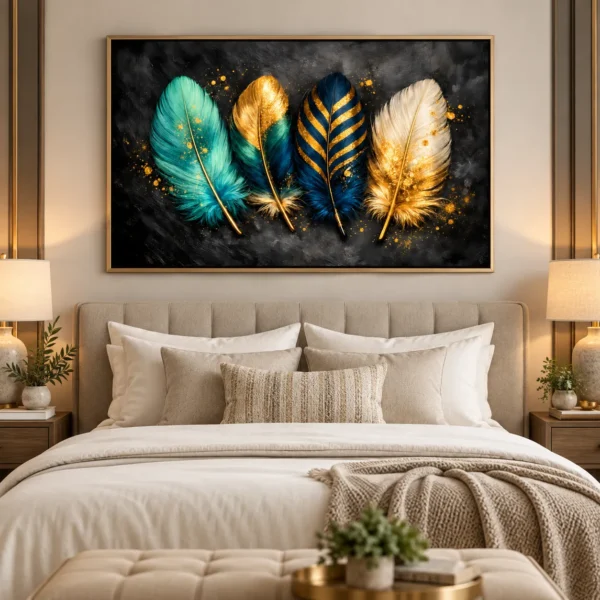 Dark Teal & Gold Feather Wall Art - Luxury Digital Download