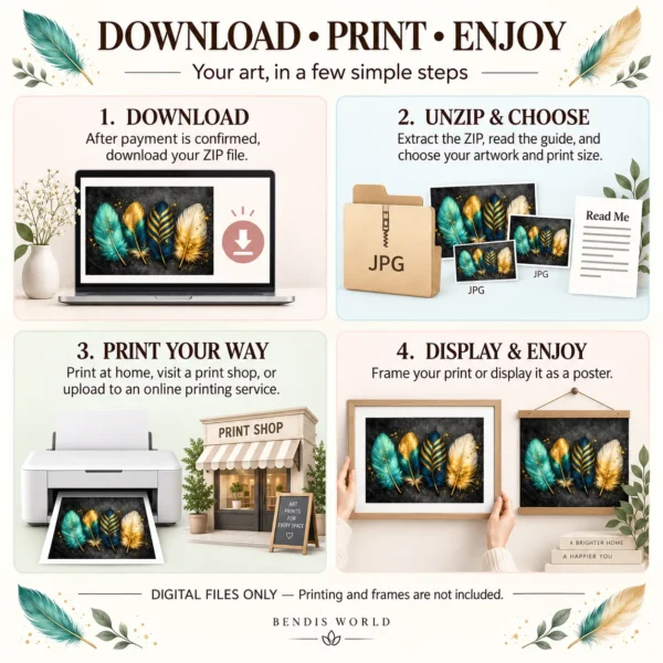 Dark Teal & Gold Feather Wall Art - Luxury Digital Download