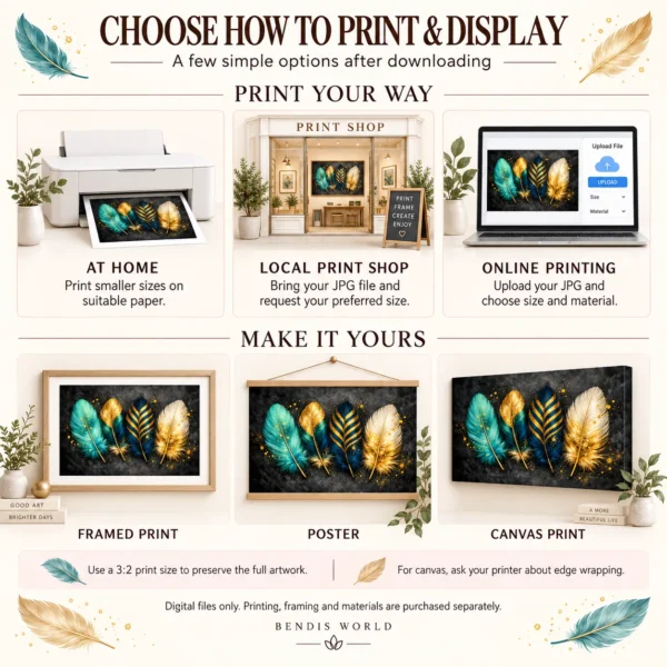 Dark Teal & Gold Feather Wall Art - Luxury Digital Download