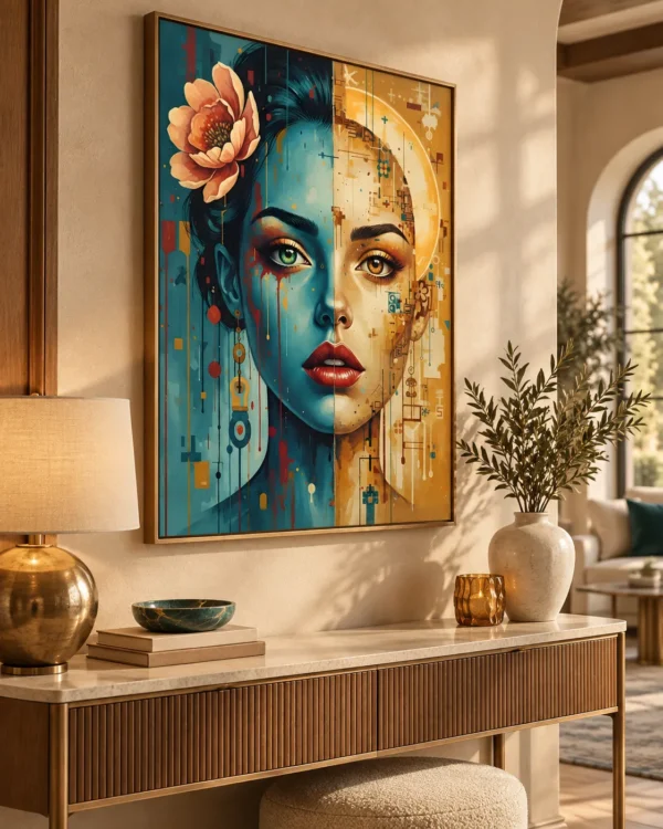 Digital Duality - Mockup3 Digital Duality – Colorful Abstract Woman Portrait Wall Art