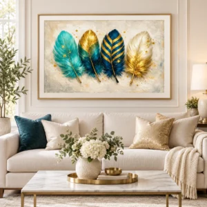 Ivory Teal & Gold Feather Wall Art – Printable Digital Wall Decor