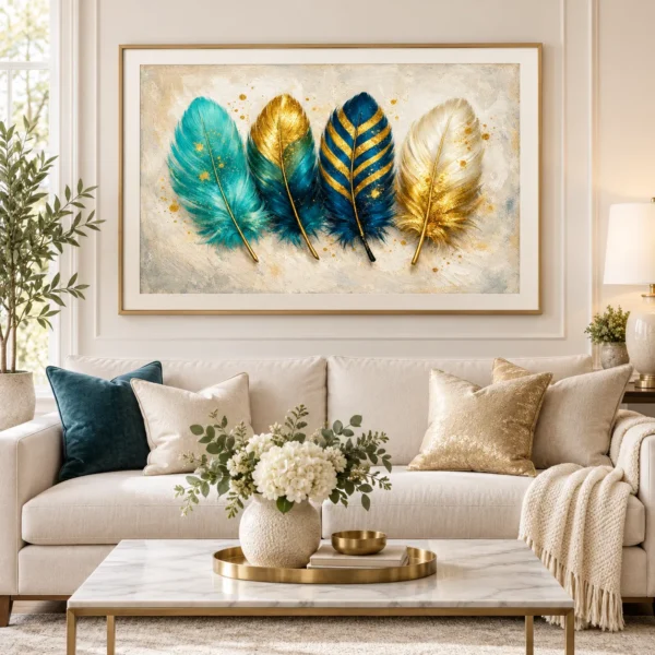 Ivory Teal & Gold Feather Wall Art – Printable Digital Wall Decor