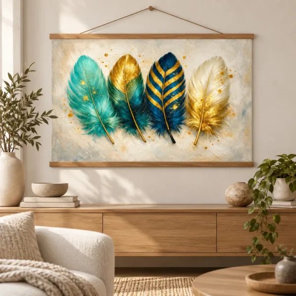 Ivory Teal & Gold Feather Wall Art – Printable Digital Wall Decor