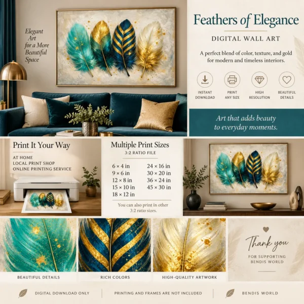 Ivory Teal & Gold Feather Wall Art – Printable Digital Wall Decor