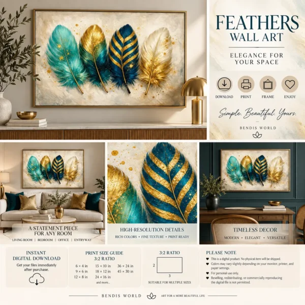Ivory Teal & Gold Feather Wall Art – Printable Digital Wall Decor