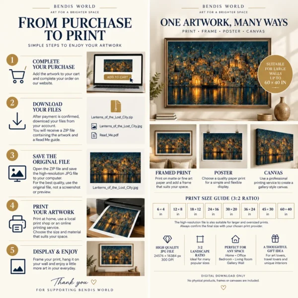 Lanterns of the Lost City – Printable Night City Wall Art