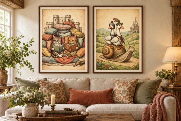 Whimsical Medieval Wall Art Set of 2 | Cottagecore Animal Prints | Digital Download