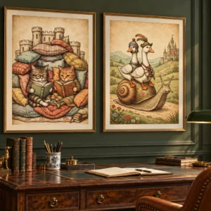 Whimsical Medieval Wall Art Set of 2 | Cottagecore Animal Prints | Digital Download