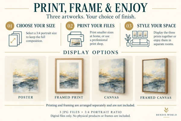 Quiet Splendor – Blue & Gold Printable Wall Art Set of 3