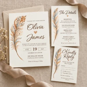 Editable Feather Wedding Invitation Suite – Canva Template Set