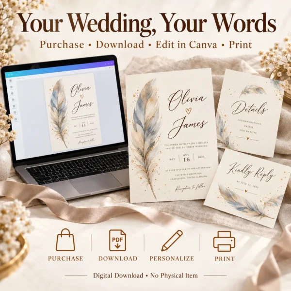 Soft_Feather_Wedding_Suite - Mockup4 Editable Feather Wedding Invitation Suite β Canva Template Set