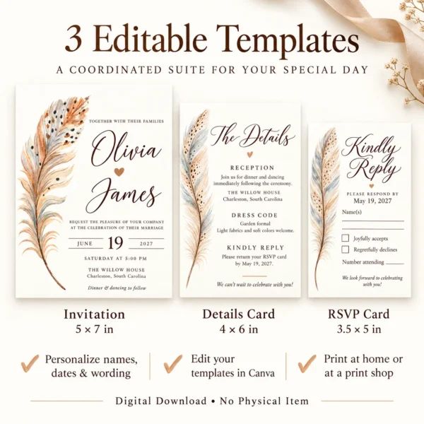 Soft_Feather_Wedding_Suite - Mockup5 Editable Feather Wedding Invitation Suite β Canva Template Set