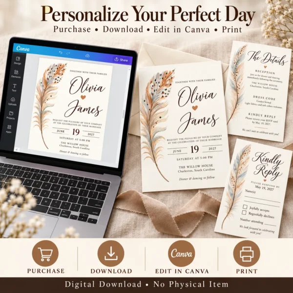 Soft_Feather_Wedding_Suite - Mockup6 Editable Feather Wedding Invitation Suite β Canva Template Set