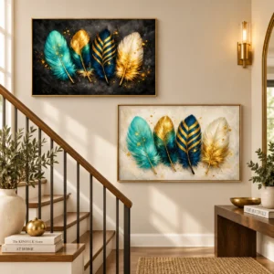 Teal & Gold Feather Wall Art Set of 2 – Printable Digital Wall Decor