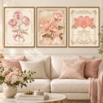 Art Nouveau Pink Rose Wall Art Set of 3 – Vintage Floral Printable Art