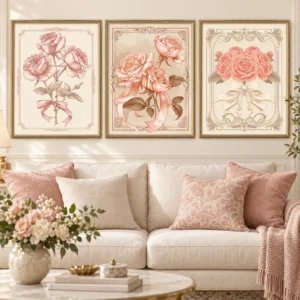 Art Nouveau Pink Rose Wall Art Set of 3 – Vintage Floral Printable Art
