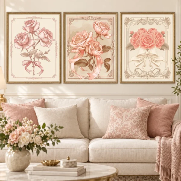 Art Nouveau Pink Rose Wall Art Set of 3 – Vintage Floral Printable Art