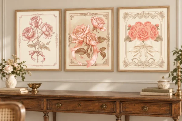 Art Nouveau Pink Rose Wall Art Set of 3 – Vintage Floral Printable Art