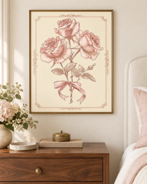 Art Nouveau Pink Rose Wall Art Set of 3 – Vintage Floral Printable Art