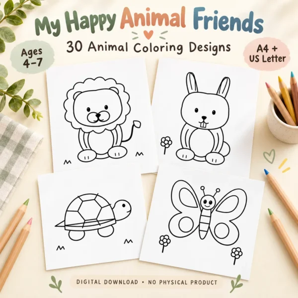 mockup1 Animal Coloring Pages for Kids Ages 4–7 – My Happy Animal Friends, 30 Designs