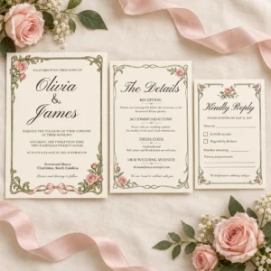 Vintage Rose Wedding Invitation Suite – Editable Canva Templates