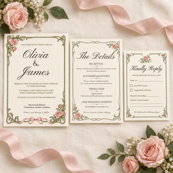 Vintage Rose Wedding Invitation Suite – Editable Canva Templates