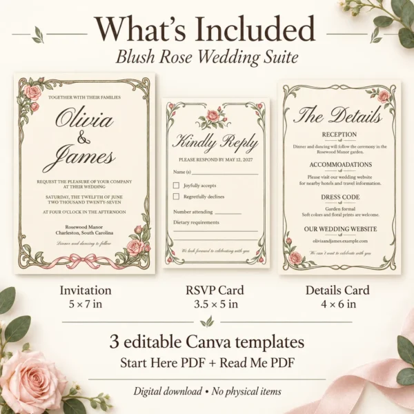 Vintage Rose Wedding Invitation Suite – Editable Canva Templates