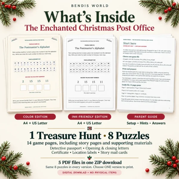 02_Christmas_Post_Office_Whats_Included Christmas Treasure Hunt Printable for Kids β The Enchanted Christmas Post Office