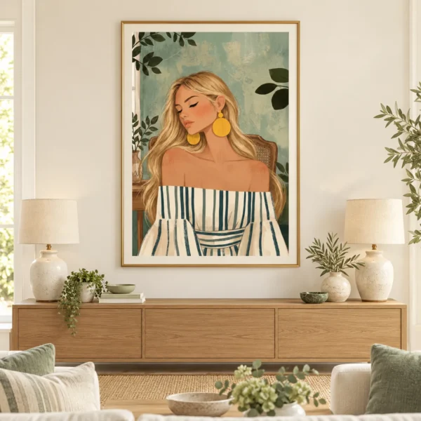 Boho Woman Printable Wall Art – Sage Green & Gold Portrait