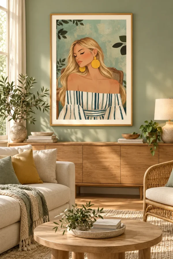 Boho Woman Printable Wall Art – Sage Green & Gold Portrait