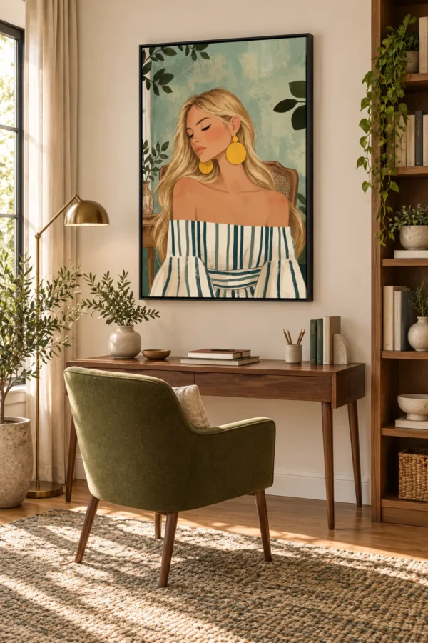 Boho Woman Printable Wall Art – Sage Green & Gold Portrait