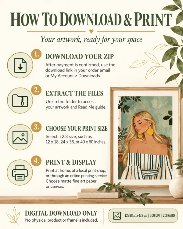 Boho Woman Printable Wall Art – Sage Green & Gold Portrait